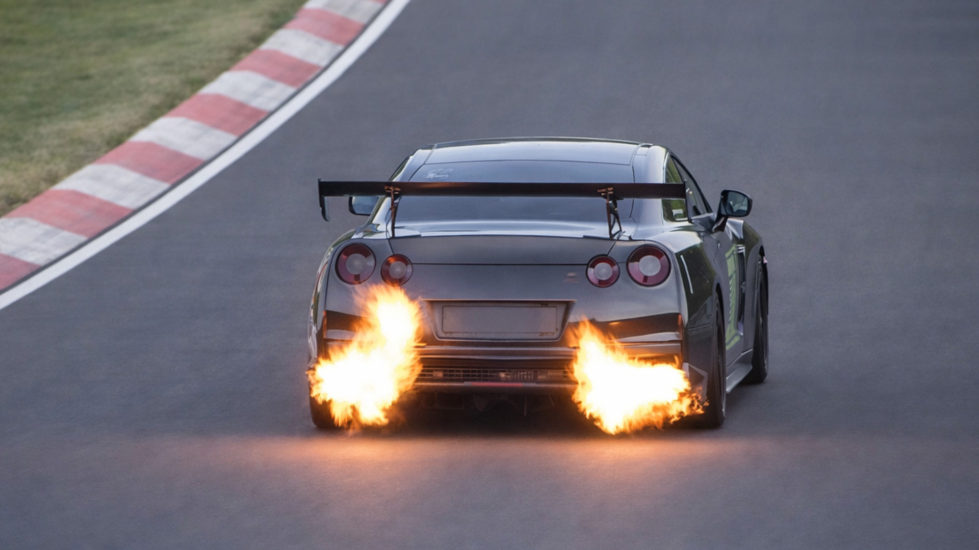 Nissan GT-R R35 massive exhaust flames Nürburgring