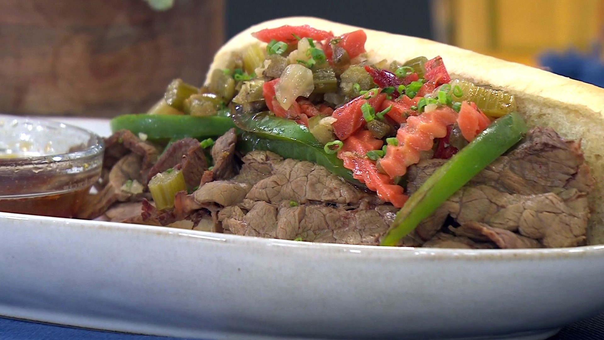 Get the recipes for a blooming onion and Italian beef sandwich
