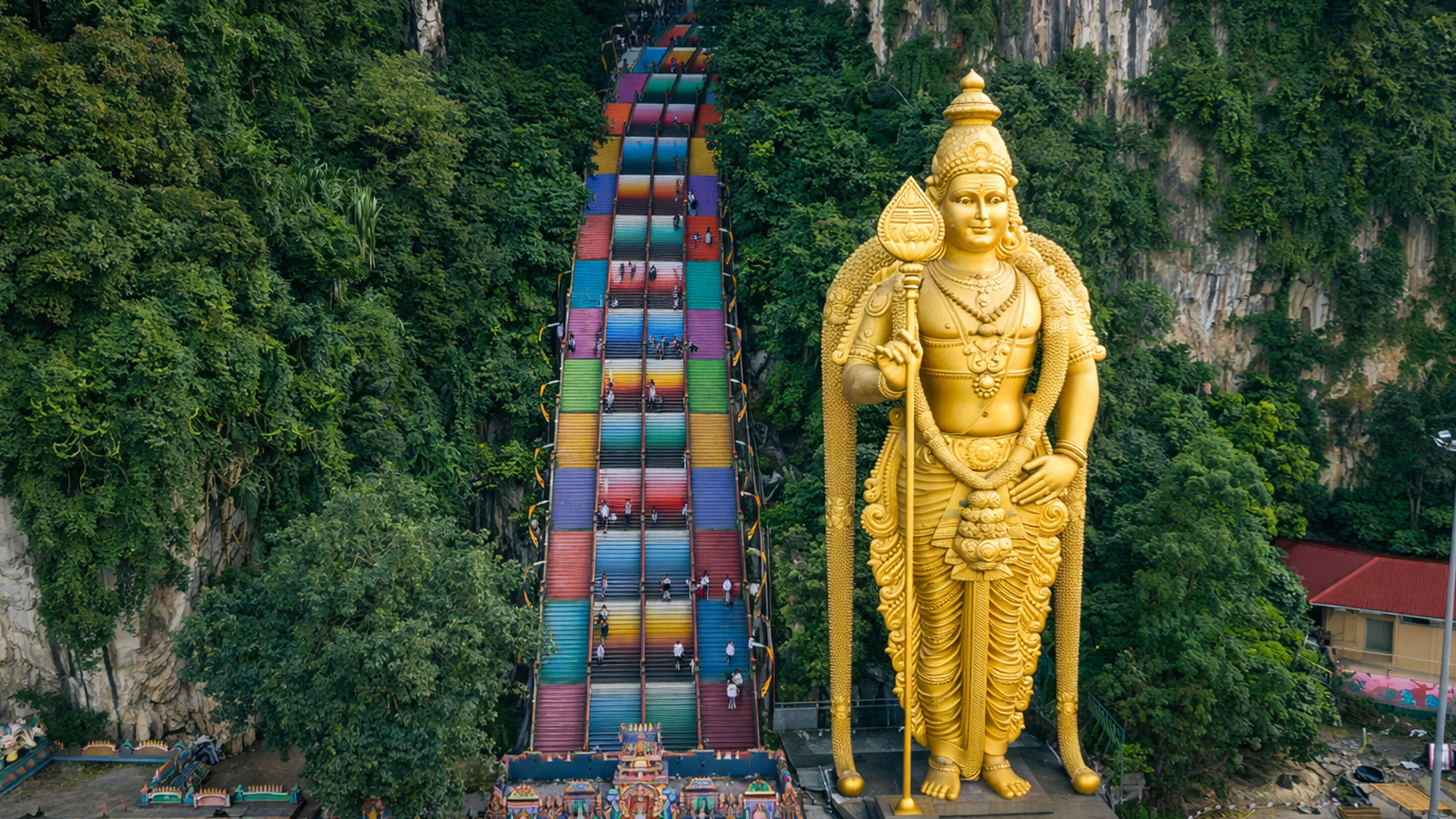 Hundreds of steps leading into a cave temple