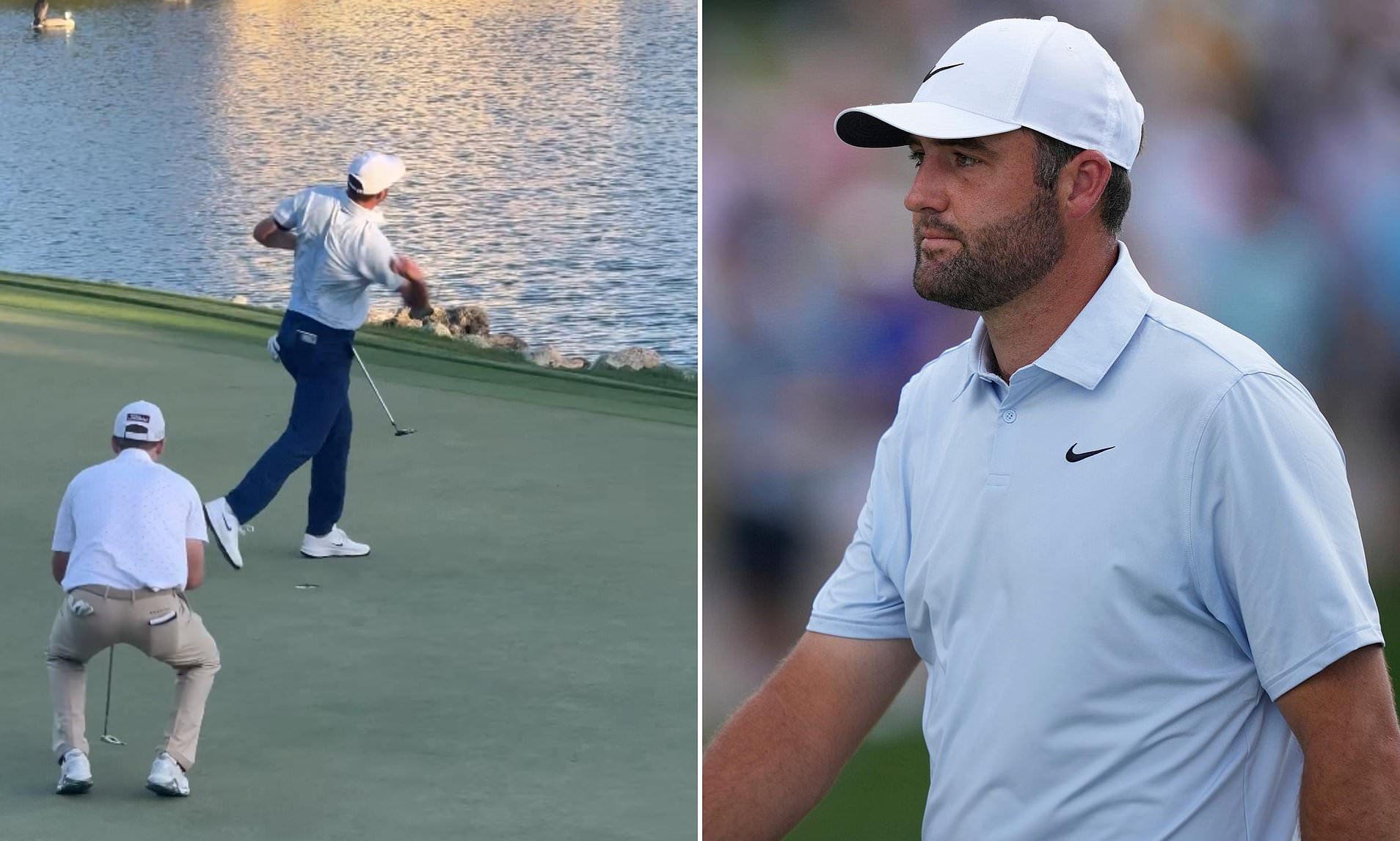 Moment furious Scottie Scheffler launches ball into lake in staggering ...