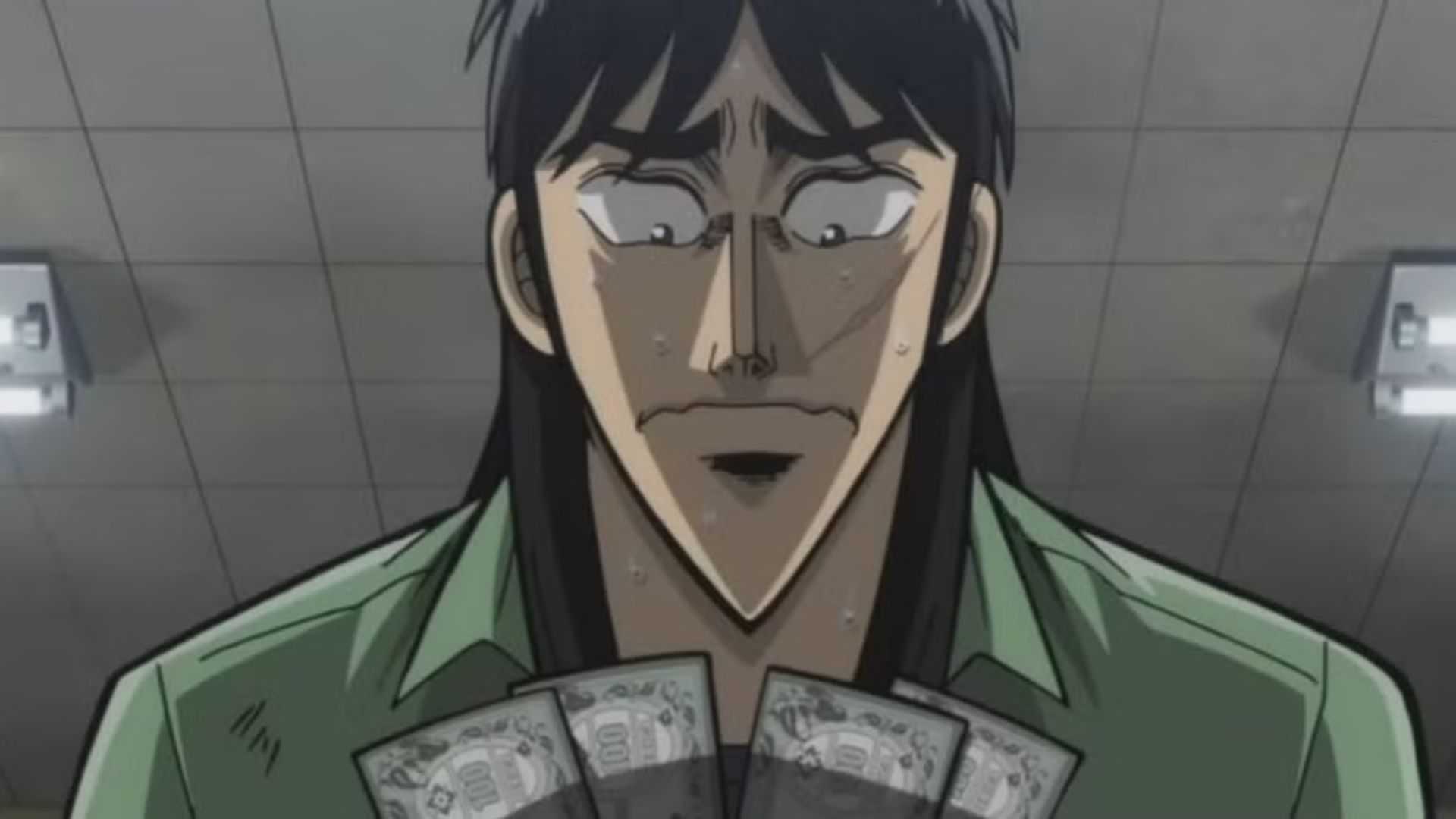 Kaiji looks nervously at some cash in Kaiji: Ultimate Survivor.