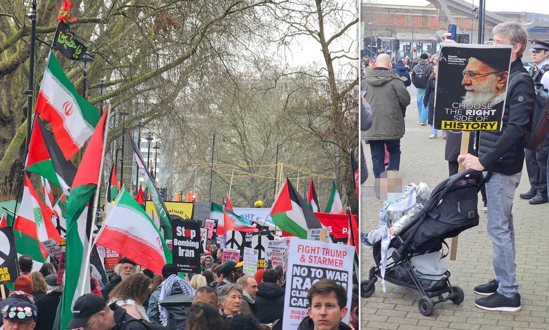 Leftist demonstrators chant 'victory to Iran' as they march through ...