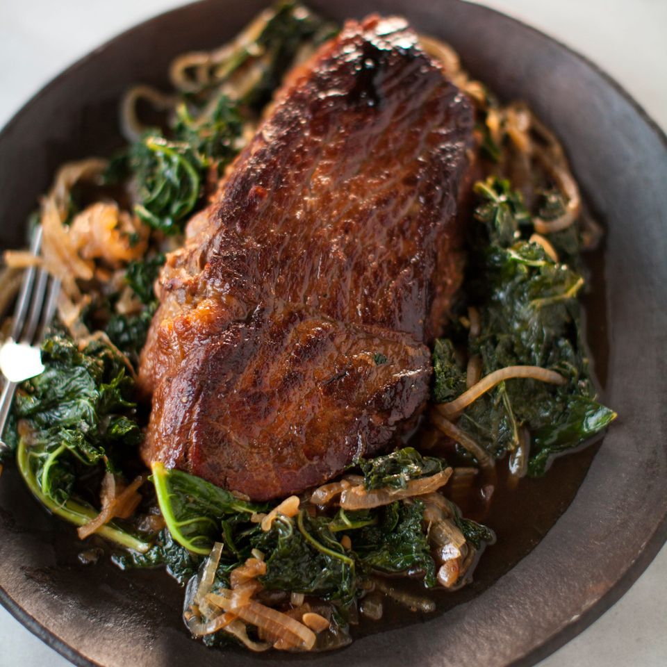 Belgian Ale-Braised Pot Roast with Melted Kale and Onions
