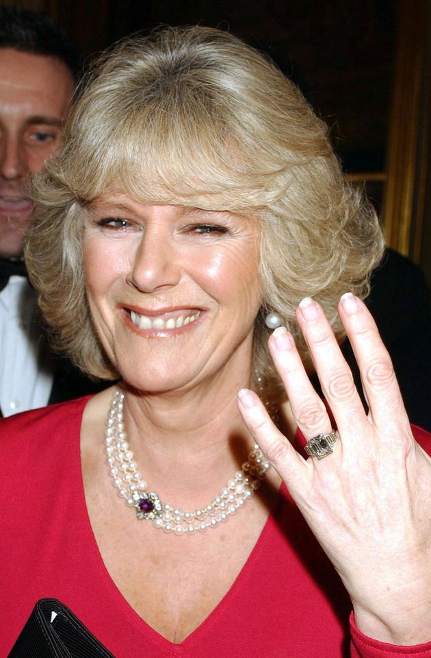 Camilla Parker Bowles shows her engagement ring on February 10, 2005. Credit: Anwar Hussein/WireImage