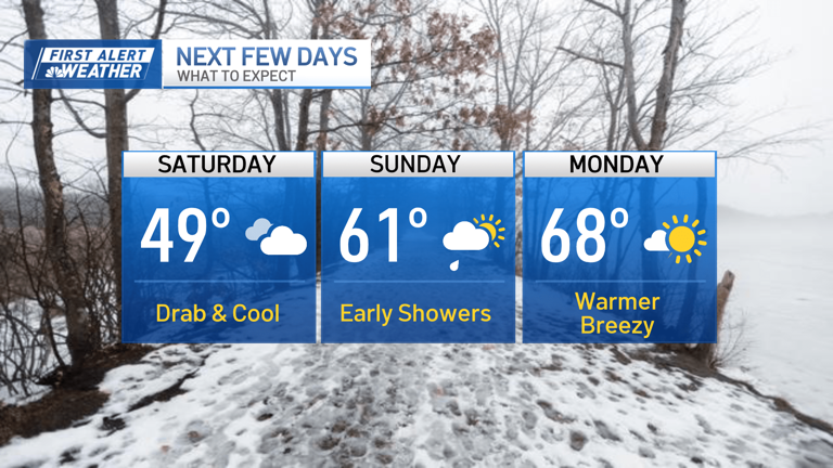 Overcast weekend with showers tomorrow before some of us see 70s next week