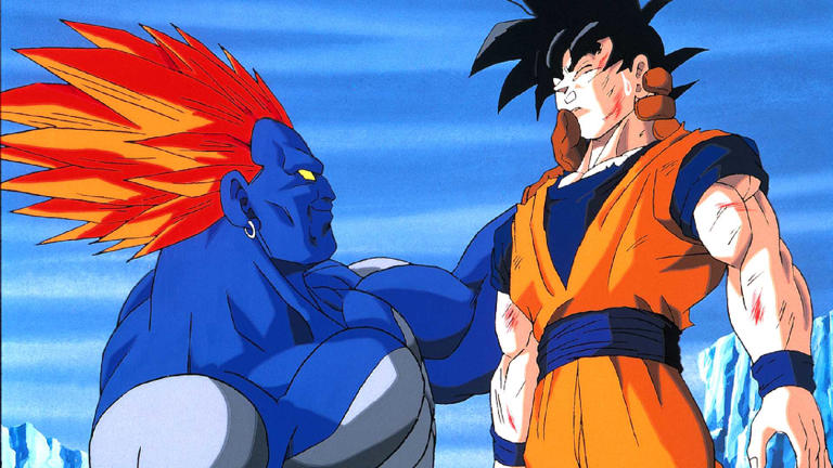 Super Android 13 holds Goku by the neck in Dragon Ball Z