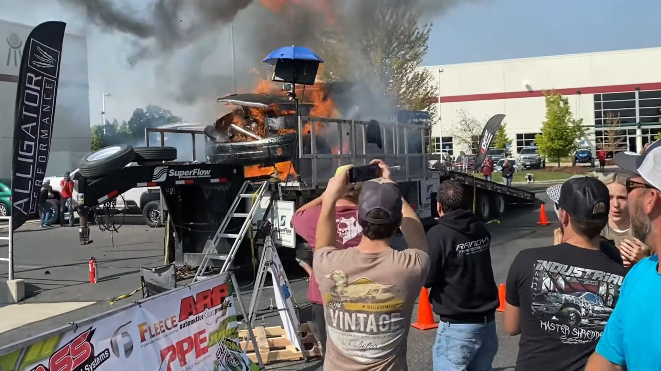 A 3,000 horsepower truck engine exploded and tore itself in half