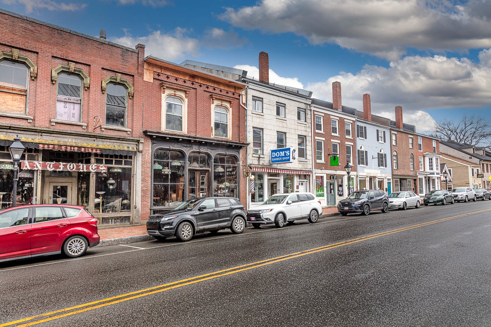Water Street in Hallowell, Maine on a cloudy day.