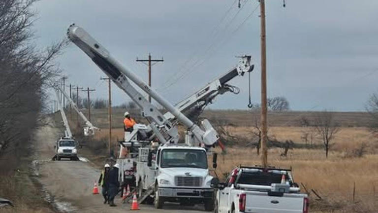 Crews replace broken poles as Beggs works to restore power after tornado