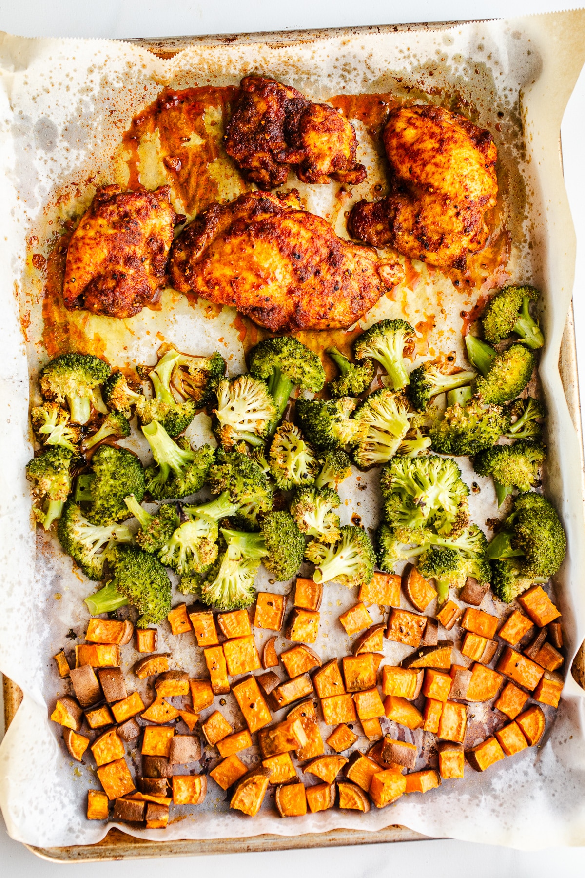 Sheet pan chicken and sweet potatoes with broccoli