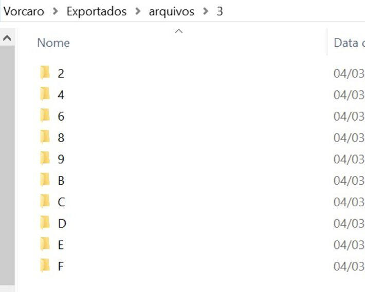 Visualização das subpastas dentro da pasta "3"; todas geradas pelo IPED com base na sequência do hash dos arquivos Foto: Reprodução
