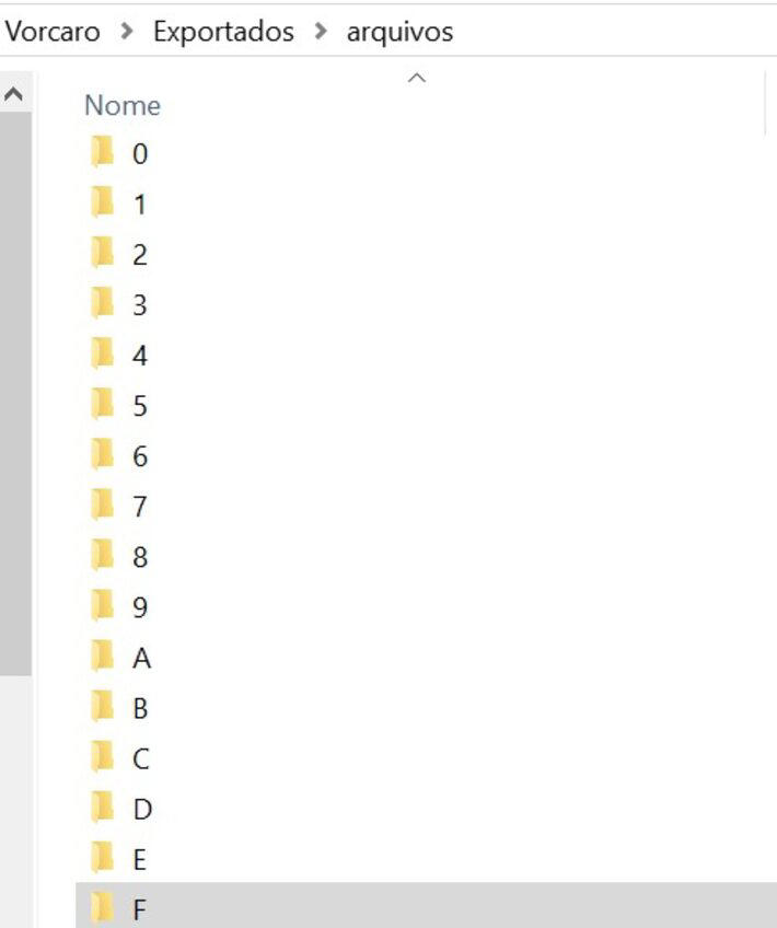 Nome das subpastas dentro de "arquivos" é definido pelo primeiro dígito da sequência alfanumérica do hash Foto: Reprodução