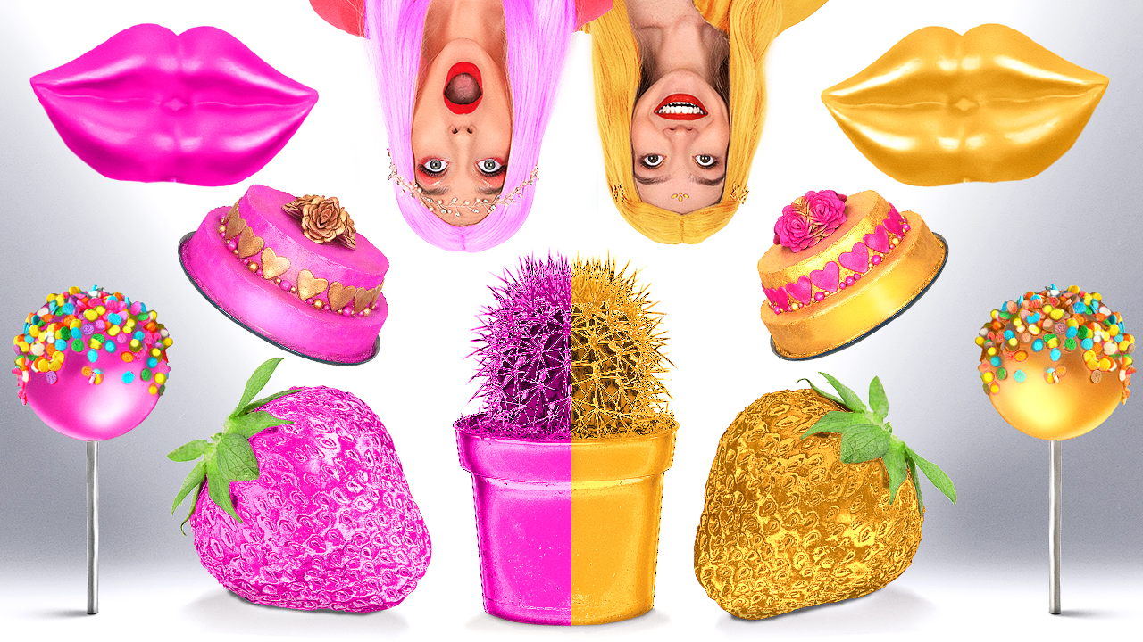 Colorful food showdown: Gold vs pink – 24 hour challenge!