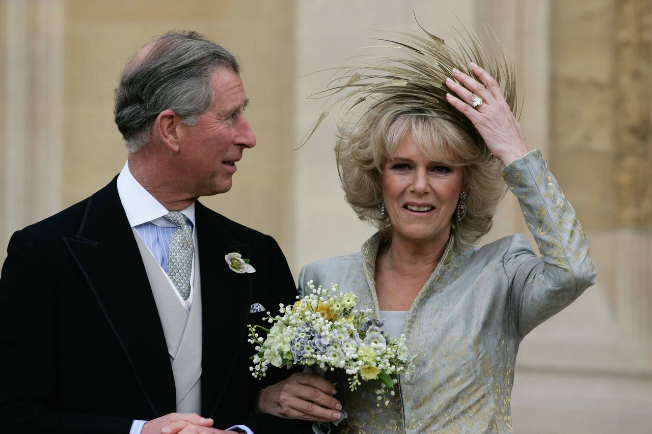 Prince Charles and Camilla Parker Bowles on their April 9, 2005 wedding day Credit: Anwar Hussein/Getty Images
