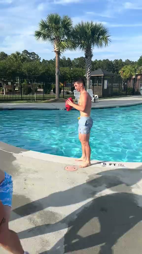 Poolside blitz play ends with a surprise tackle splash