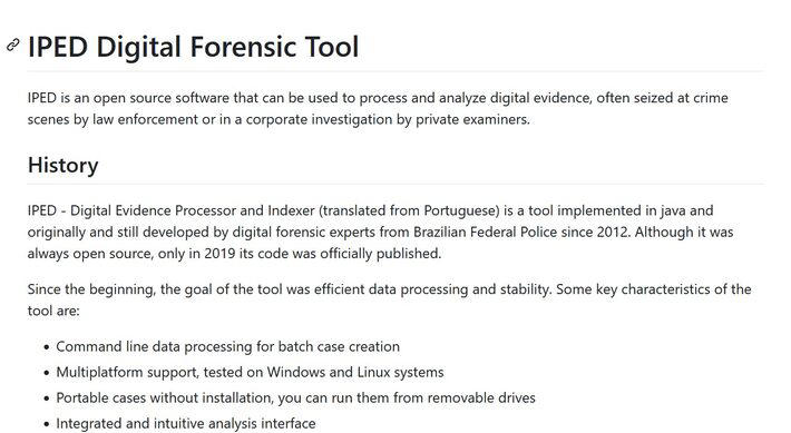 Página do IPED no GitHub tem o histórico e a chamada 'documentação' de funcionamento do programa Foto: Reprodução/GitHub