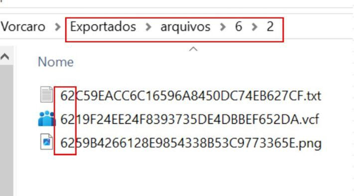 Pasta com três arquivos, um deles um referente a contato de Antonio Rueda, no formato VCF, estão na mesma pasta, o que por si só não indica qualquer relação; proximidade é explicada pela sequência inicial do hash, o 'nome dos arquivos' Foto: Reprodução