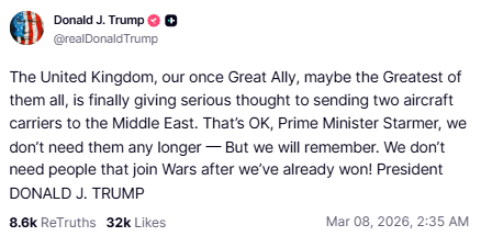 Trump rejects UK offer to deploy aircraft carriers to Middle East: 'We ...