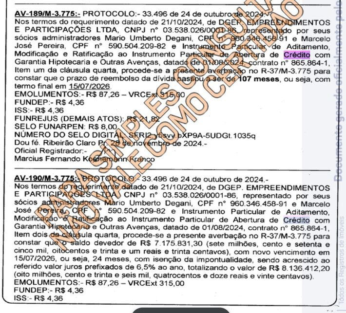 Registro em cartório mostra prorrogação de empréstimo para o Tayayá, sem cobrança de multa em caso de atraso Foto: Reprodução