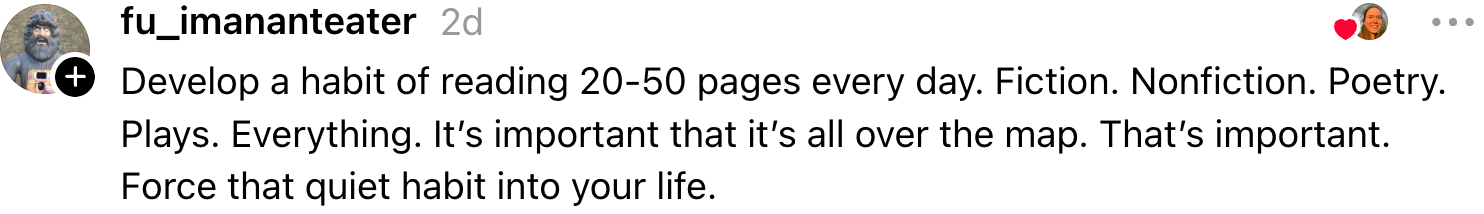 Text excerpt encourages reading 20-50 pages daily across various genres, emphasizing variety and making reading a consistent habit