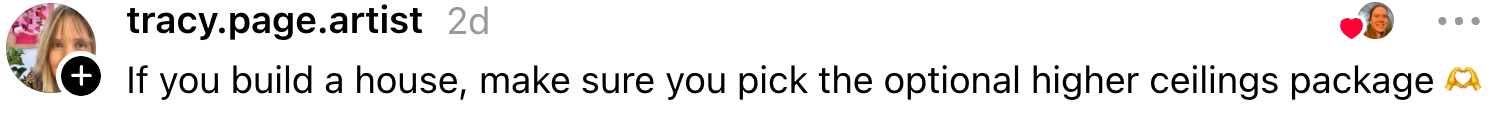 A comment from a social media post advises choosing the optional higher ceilings package when building a house