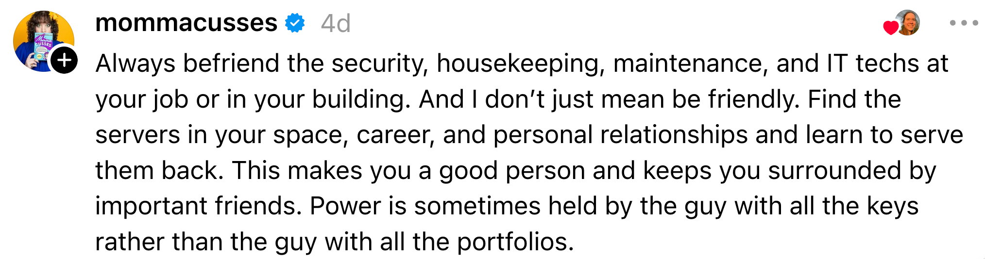 A social media post advises valuing service staff at work or home, emphasizing that true power can belong to those who manage everyday essentials