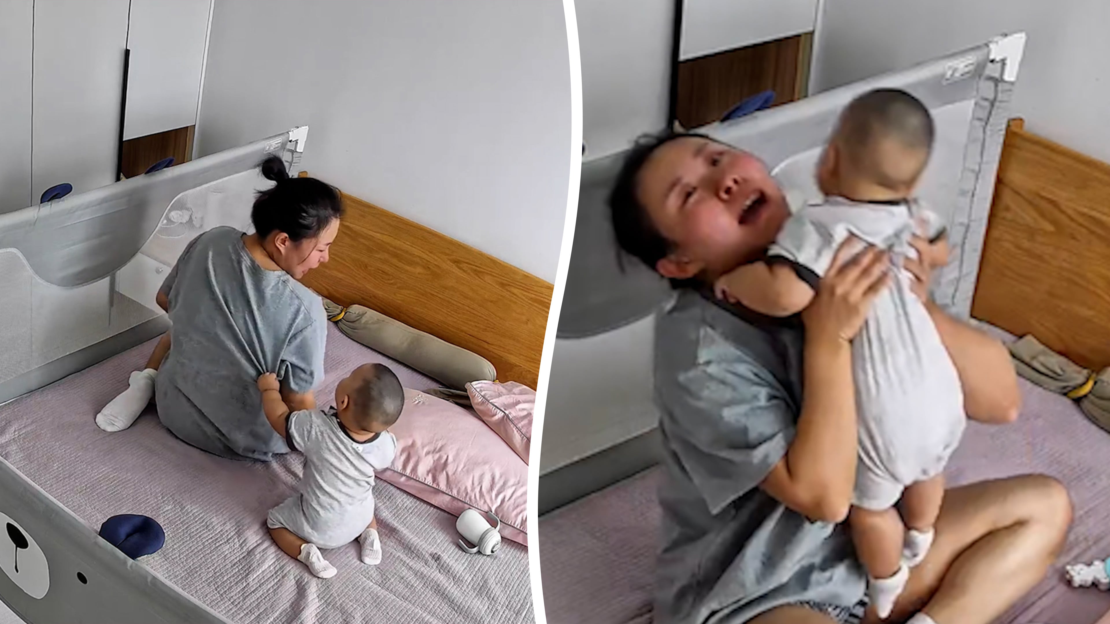 Sweet moment baby comforts emotionally overwhelmed mother