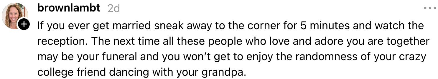 Text with advice on enjoying wedding receptions, contrasting it with the solemnity of funerals