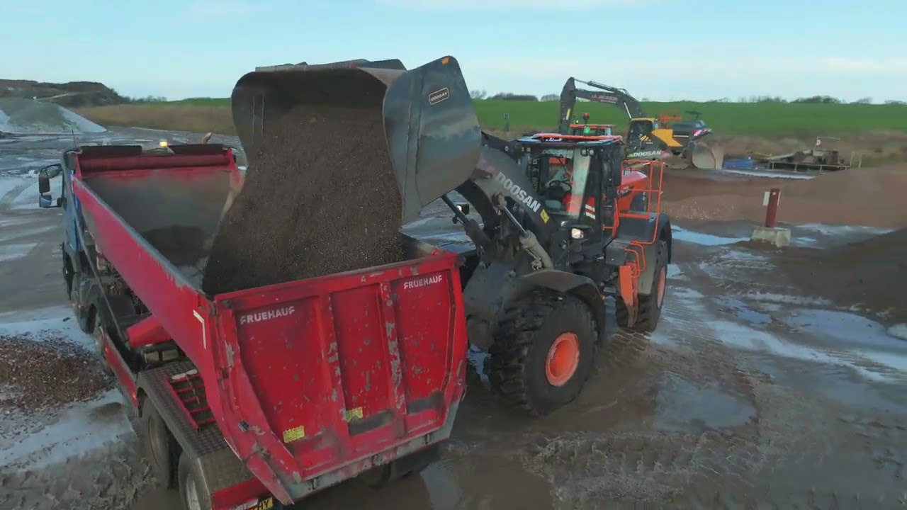 Massive Doosan wheel loader filling dump truck