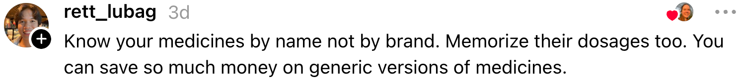 Advice on saving money by using generic medicines instead of branded ones, emphasizing the importance of knowing names and dosages