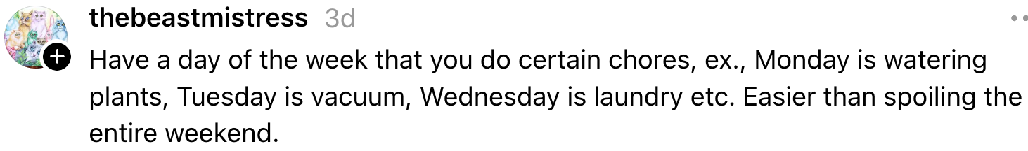 Weekly chore schedule suggests dedicating specific days for tasks: Monday for plants, Tuesday for vacuuming, Wednesday for laundry, simplifying weekends