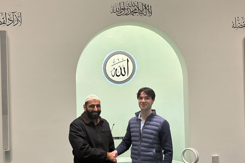 Myself alongside my friend and host, Talha Sami in the Mubarak Mosque in Islamabad, Tilford