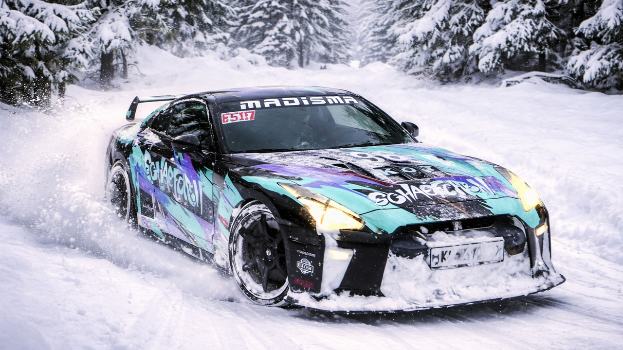 Nissan GTR sliding through a frozen forest road