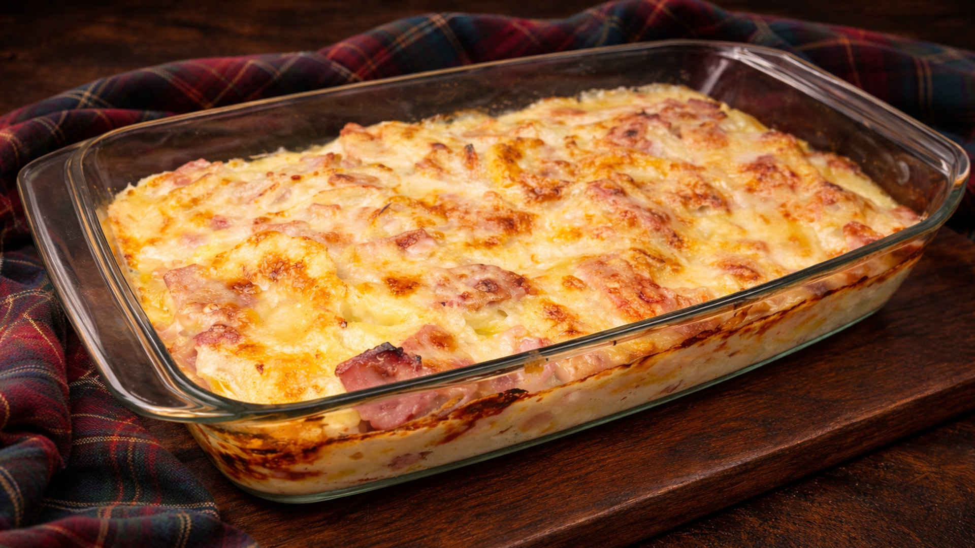 Easy potato cheese onion bake with ham for family dinner
