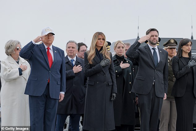 Donald Trump, First Lady Melania Trump, and Vice President JD Vance are seen at the&nbsp;dignified transfer ceremony on Saturday, along with other Trump cabinet members