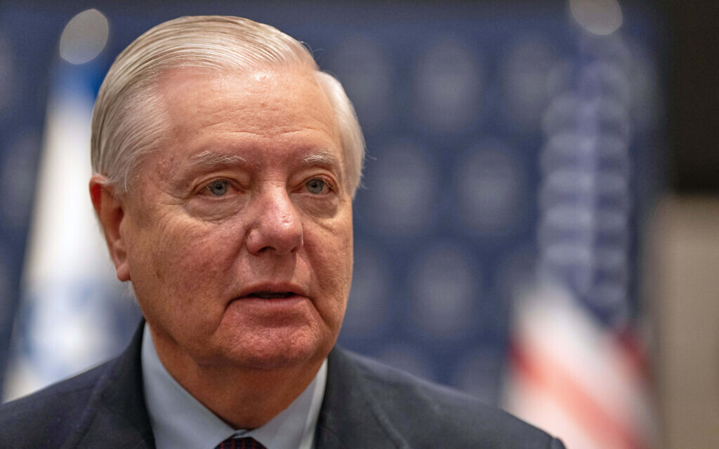 US Senator Lindsey Graham, a Republican from South Carolina, speaks to the media in Tel Aviv, December 21, 2025. (AP/Maya Levin)