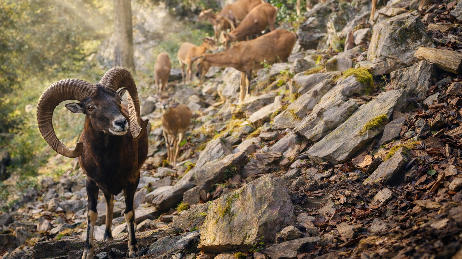 A camera trap recorded a herd moving through a steep mountain path