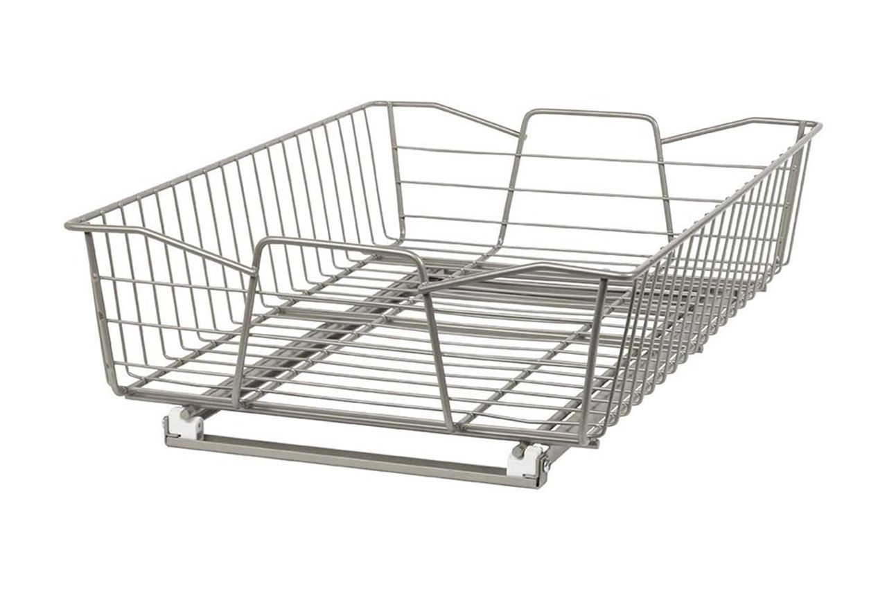 A metal pullout cabinet organizer with a wire mesh structure and sliding mechanism