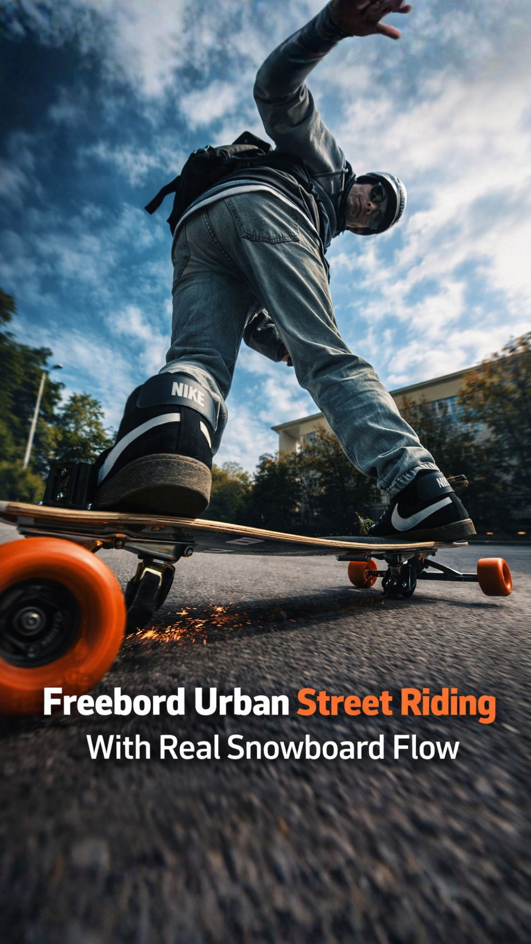 Freebord urban street riding with real snowboard flow