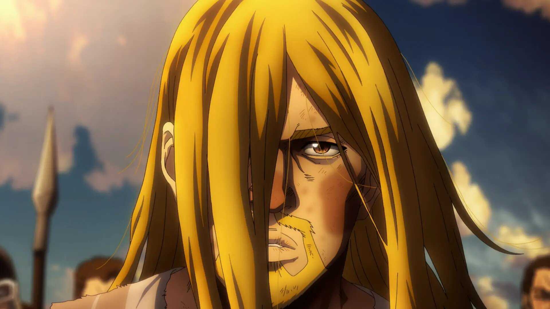 Thorfinn from stands bloodied and bruised on a battlefield in Vinland Saga Season 2
