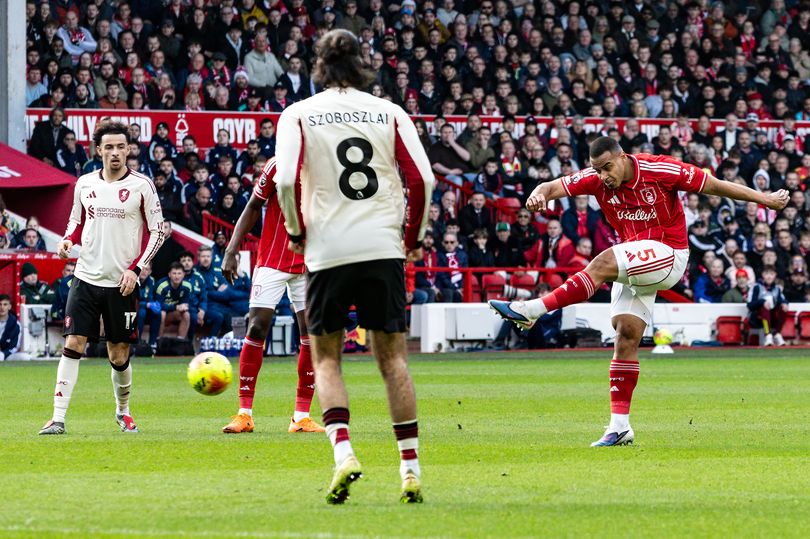 Nottingham Forest's Murillo shoots at goal during the Premier League match between Nottingham Forest and Liverpool at City Ground on February 22, 2026 in Nottingham, United Kingdom