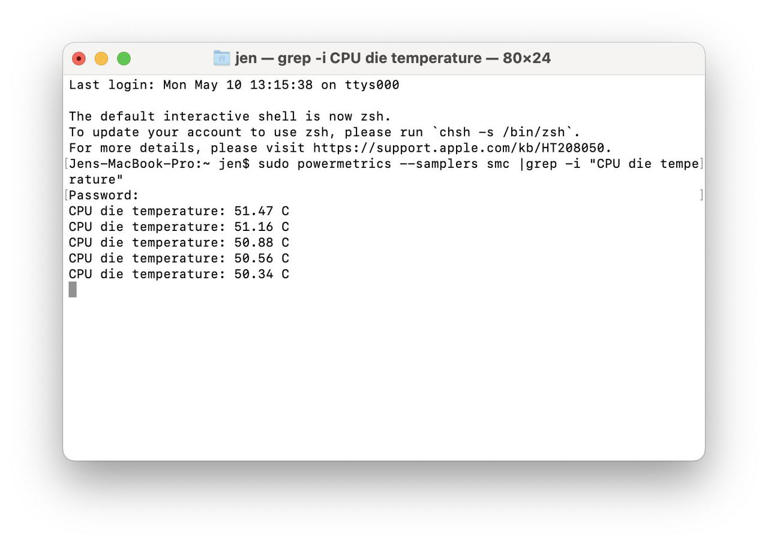 MacOS Terminal with CPU temperature displayed