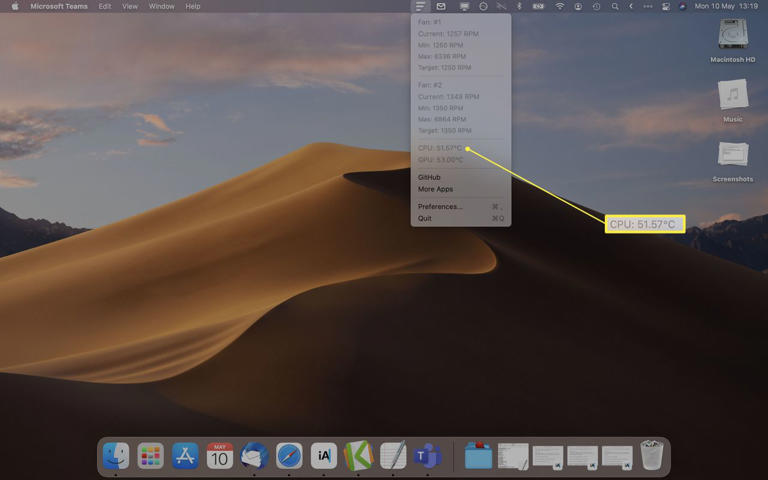 MacOS desktop with Fanny app open and displaying temperatures