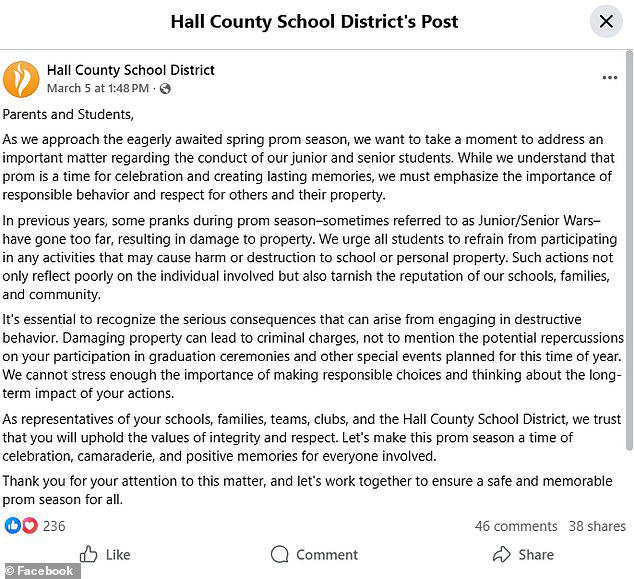 Just hours before his death, the Hall County School District warned parents and students of the possible dangers associated with the annual 'Junior/Senior Wars' 