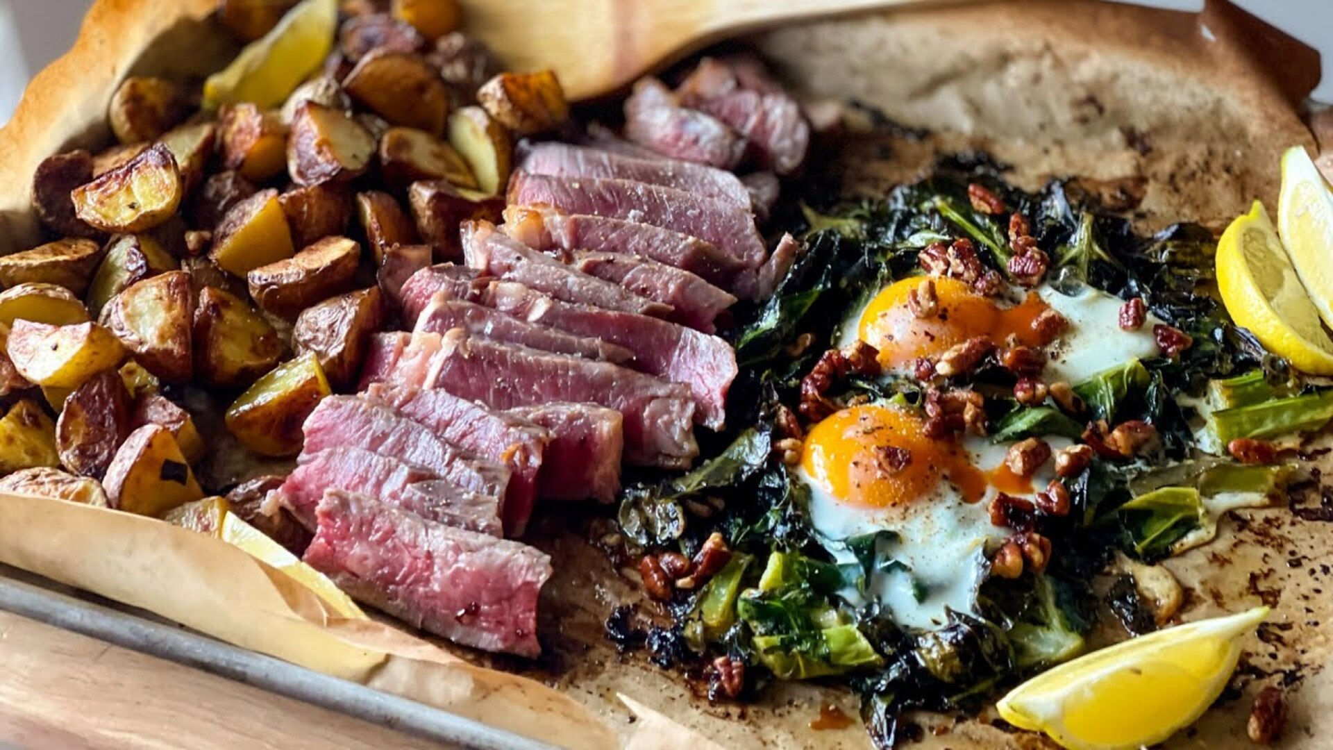 Southern-style steak and potatoes sheetpan brunch recipe