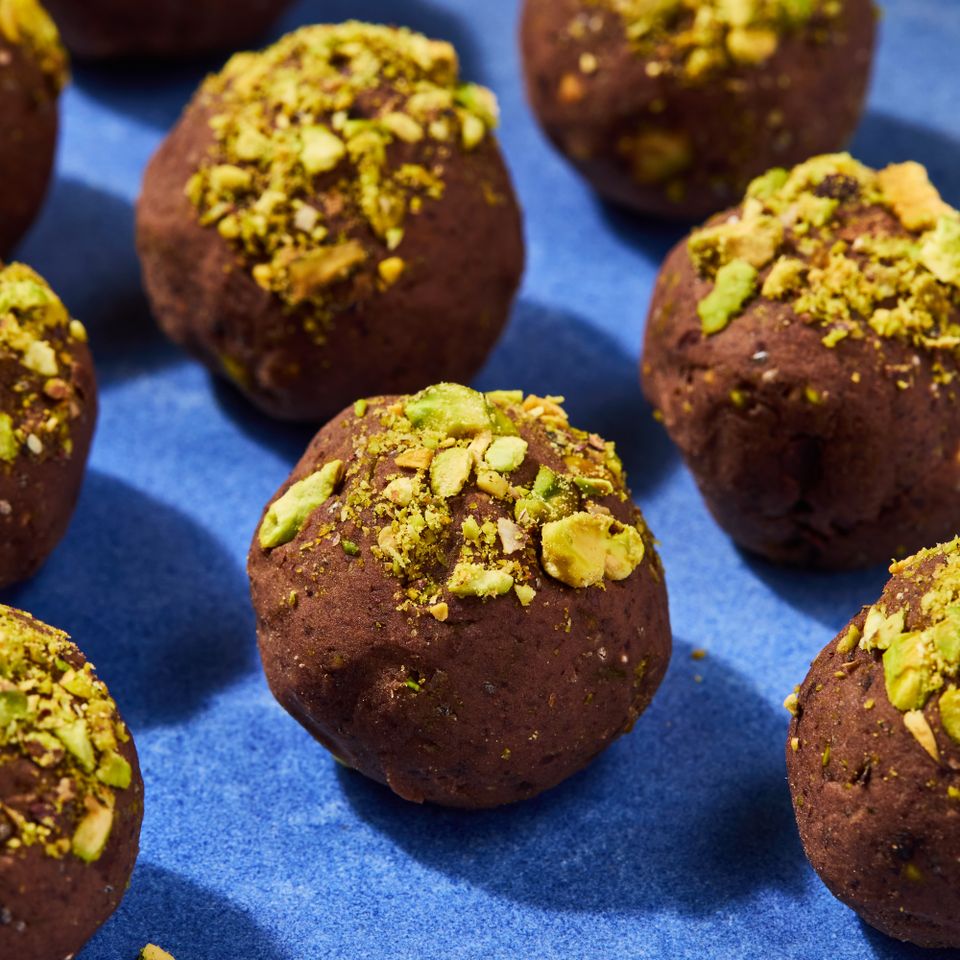 A recipe image of Chocolate-Pistachio Energy Balls.
