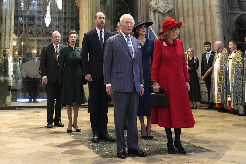 Prince Richard, Duke of Gloucester Britain's Princess Anne, Princess Royal, Britain's Prince William, Prince of Wales, Britain's King Charles III, Britain's Catherine, Princess of Wales and Britain's Queen Camilla arrives to attend the annual Commonwealth Day service ceremony