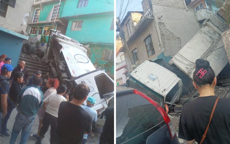 Camión de basura se desploma sobre casas en Naucalpan y deja dos heridos