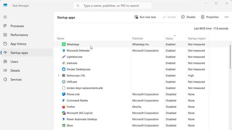 Disabling a Startup app in Task Manager on Windows 11.