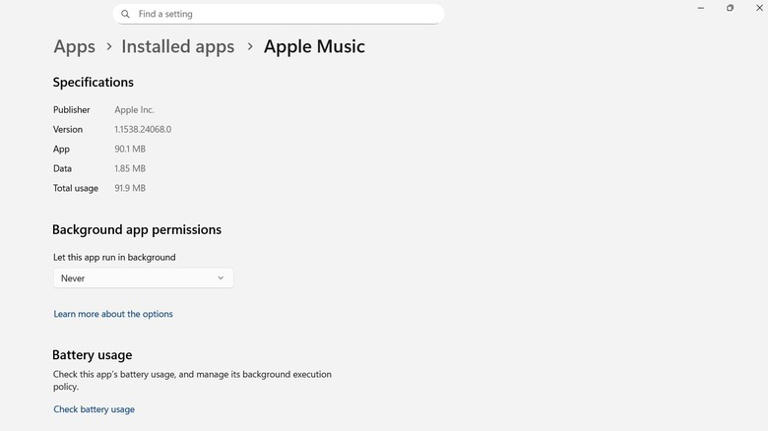 Setting an app to never run in the background on Windows 11.